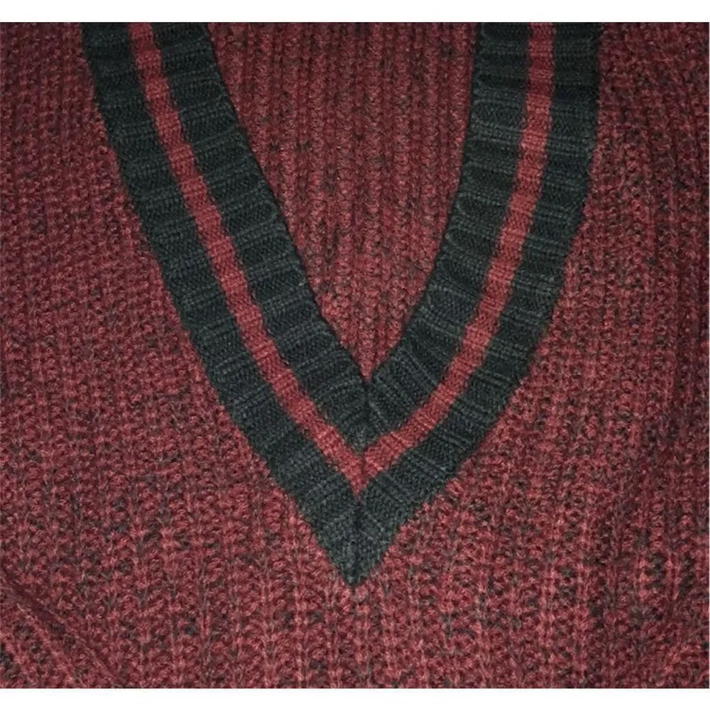 ✨Forever 21 Cable Knit Burgundy Varsity V Neck Striped Trim Sweater✨ - Picture 5 of 7